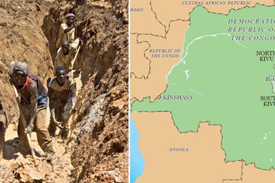 Illustrasjoner fra rapporten: Mineralutvinning med primitive metoder; kartet viser Kivu i det østlige Congo, der nabolandene Rwanda og Ugand, samt Congos uregjerlige hær, støtter ulike krigsherrer og militser, og tjener penger på utvinning av naturressurser i militsstyrte områder.