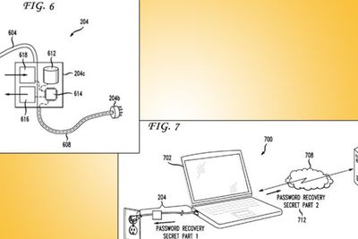 To figurer fra patentsøknaden. Figur 6 viser hvordan et kryptert passord kan lagres i en strømforsyning, slik at det bare kan gjenvinnes ved å dekrypteres med en unik nøkkel lagret på pc-en der passordet skal brukes. Figur 7 viser en sterkere variant der pc-en må koples til både strømforsyning og en server for at passordet skal kunne gjenopprettes.