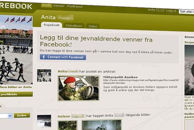 Profilsidene på Futurebook fremstår som rene kopier av mer kjente Facebook. Etternavn og fødselsdato er sladdet.