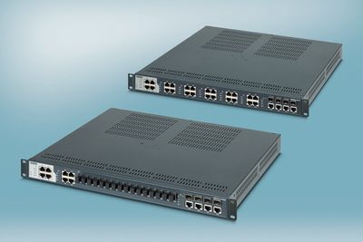 Kompakt 28-porters Ethernet-switch for 19-tommers skap med industrielle spesifikasjoner. 