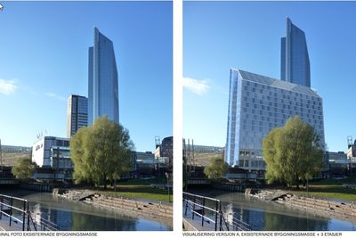 Dersom planene realiseres vil Oslo Plaza bli Skandinavias største hotell målt i antall rom. Her orginalt foto av eksisterende bygg og visualisering av eiernes høyeste forslag. 