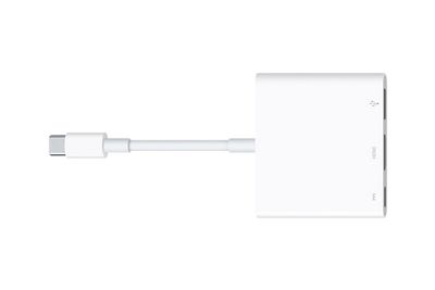 Apples USB-C Digital AV multiport adapter gjør om USB-C-inngangen i den nye Macbooken til tre separate porter. Én for USB, én for HDMI eller VGA og én for USB-C.