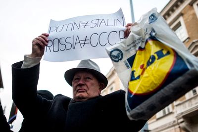 Demonstrerte: Ikke alle var like fornøyde med at Russlands president Vladimir Putin besøkte Ungarn. 