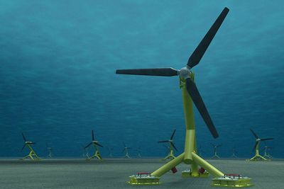 Vindmøller under vann:  Slik kan en tidevannspark med Andritz Hydro Hammerfests fullskalaturbin HS1000 se ut under vann. I Meygen vil en større, modifisert turbinvariant (1,5 MW) bli brukt.