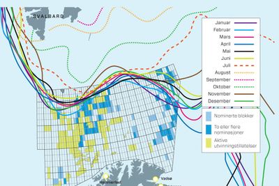 Iskant: Kartet viser hvor langt isen beveger seg gjennom årets 12 måneder. Oversikten er basert på meteorologiske data fra de siste 30 årene. Flere av blokkene Olje- og energidepartementet foreslår ligger innenfor denne sonen store deler av året, noe som bekymrer miljøvernere og sikkerhetseksperter. Kilder: Oljedirektoratet og Polarinstituttet  