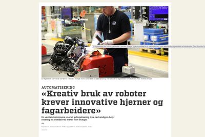 Skjermdump fra tu.no, som er blant dem som skriver mest om automatisering. Artikkelen handler om hvordan roboter påvirker arbeidsmarkedet.