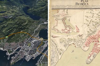 Norges utvikling gjennom årene kan man se konturene av ved å sammenligne dagens digitale kart med kart fra 1700-tallet. Til venstre er Bergen fra Google Earth. Til høyre er Bergen i 1745.