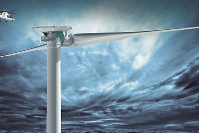 Tyske Aerodyn står for designet av den tobladede havvindmøllen som skal monteres i Norge i løpet av 2016. Illustrasjonen viser er en større variant (8MW) av samme turbin. Den norske turbinen får en effekt på 6 MW.