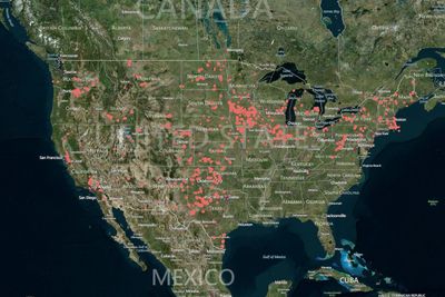 I oversiktsmodus kan du se hvilke områder av USA som har høyest konsentrasjon av vindturbiner.