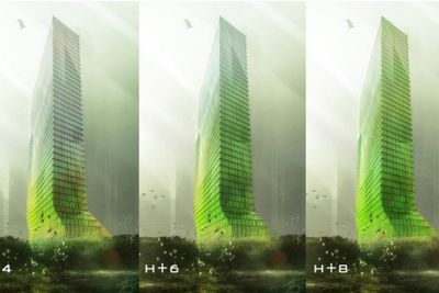 Biotower: Illustrasjonen viser hvordan et bygg med alger i fasaden vil endre farge i løpet av få dager ettersom algene vokser. Her er det grønne alger, kraftig røde er også mulig.