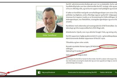 Her kan vi se hvordan lenken som skjuler seg bak epost-adressen til styreleder Morten Irgens hos Norsis faktisk leder til en ekstern mottaker som ikke er involvert i ansettelsen av den nye toppsjefen. Faksimile fra Norsis' nettside.