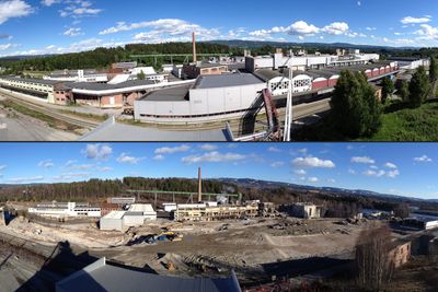 Slik så Norske Skog Follum ut før og etter rivingen. 