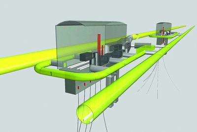 Slik så Acona for seg at løsningen kan konstrueres. To tunneler går parallelt på hver side av produksjonsfjellhallene.