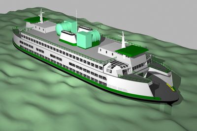 Takomontert: Illustrasjonen viser plassering av LNG-tanker på taket av fergene i  Issaguah-klassen. Fergene på 100 meters lengde og 24 meters bredde, kan ta 1200 passasjerer og 124 biler. 