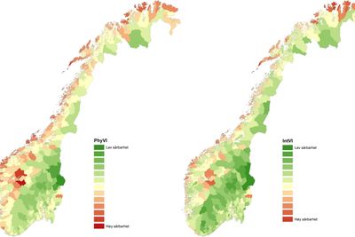 Kartet til venstre er basert på den fysiske sårbarhetsindeksen. Det viser hvor utsatt norske kommuner er for flom, skred og storm. Til høyre er den fysiske og den sosiale sårbarhetsindeksen kombinert. Kartet viser hvor sårbar befolkningen i kommunene er for voldsomme naturhendelser.