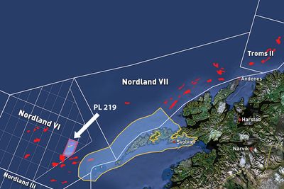 Illustrasjonen viser blokker og områder rundt Lofoten og Vesterålen som vurderes åpnet. PL 219 er allerede utredet, og Statoil har boret en brønn her tidligere. 