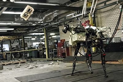 BigDog bruker både den nye armen, beina og kroppen for å kaste den tunge betongblokken veggimellom. Foto: Boston Dynamics