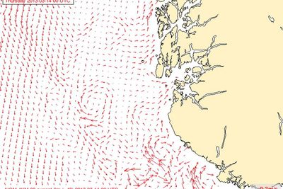 Her er visualisering av en strømmodell brukt på farvannet utenfor kysten av Rogaland.