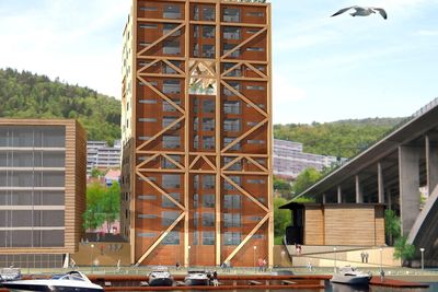 Innovasjon Norge og Norske arkitekters landsforbund vil støtte utbyggere som vil bygge i tre i stedet for stål og betong. Her den nye treblokken i Bergen som ligger an til å bli verdens høyeste. 