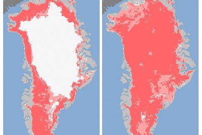 Disse to kartene bygd på satellittfotografier fra USAs romfartsorganisasjon NASA viser hvor raskt overflaten på innlandsisen på Grønland smeltet i perioden fra 8. juli til 12. juli i år.  