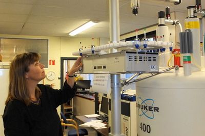 Professor Lise Lotte Gundersen inspiserer prøver som analyseres med NMR. 