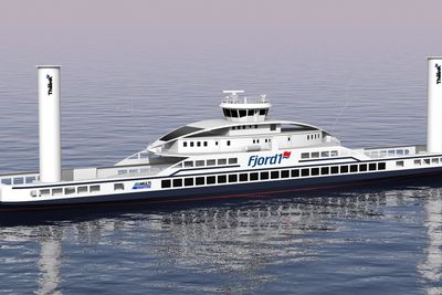 HYBRID: Konseptfergen til Fjord1 for E39 Lavik-Oppedal med Flettner-rotorene som det mest oppsiktsvekkende. Design: Multi maritime. 