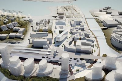 Asplan Viak har laget denne illustrasjonen av hvordan de ser for seg Sandvika i 2025, uten E18 som sperre mot sjøen, og med togstasjonen under overbygg (i front av bildet). 