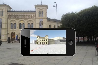 Står du utenfor Nobels fredssenter og starter Nasjonalmuseets nye app, vil mobilskjermen din se omtrent slik ut. Det to etasjer høye museet skal etter planen omkranse Nobels fredssenter og Utviklingssenteret. 