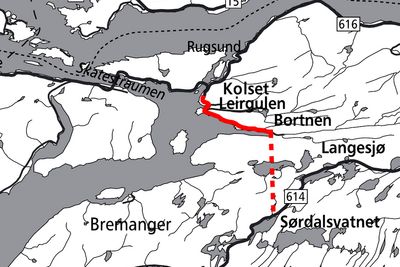 Den 5,2 km lange strekningen er markert med heltrukket rød linje. Mye rart skal skje hvis ikke kontrakten går til K. A. Aurstad.
Ill.: Statens vegvesen