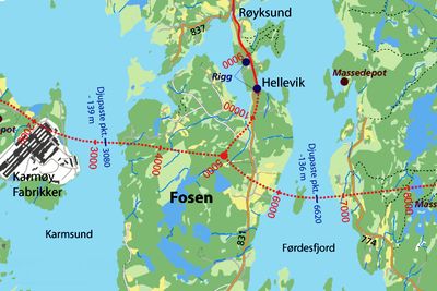 Traffic Solutions fra Hareid på Sunnmøre har en solid ledelse i kampen om elektromontasjen på T-forbindelsen i Rogaland. De stiplete røde linjene viser Karmøytunnelen hvor det aller meste av arbeidet skal utføres. Ill.: Statens vegvesen