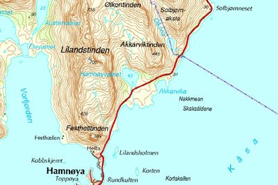 Tunnelen som er ute på anbud nå, skal gå nordover fra Hamnøya nederst på kartet. I løpet av 2014 skal hele E 10-strekningen fra Hamnøya til Solbjørnneset oppe til venstre være sikret mot ras.
Ill.: Statens vegvesen