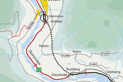 Land Elektriske fra Dokka har gitt det laveste anbudet på elektro- og SRO-montasje i Øyertunnelen, som er markert med stiplet linje. Men marginene er små og ingenting er avgjort. Ill.: Statens vegvesen