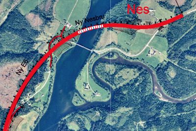 Den nye Nesbrua er markert med stiplet linje ovenfor den gamle. De som vil bygge den, må gi anbud innen 1. desember.
Ill.: Statens vegvesen