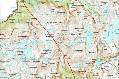 Kartet viser traséen til den 10 050 meter lange Jondalstunnelen. Torsnestunnelen er helt øverst. Elektroarbeidet i tunnelen har anbudsfrist 26. august. Ill.: Statens vegvesen