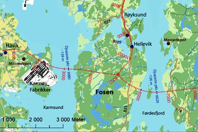 Traffic Solutions skal utføre elektro- og SRO-installasjonene på T-forbindelsen. De stiplete røde linjene viser Karmøytunnelen hvor det aller meste av arbeidet vil bli utført. Ill.: Statens vegvesen