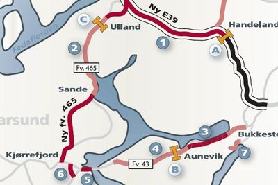 Kartet viser de fleste prosjektene i Listerpakken. Kvåle er ikke markert. Stedet ligger omtrent der det står Fv. 465.
Ill: Statens vegvesen.