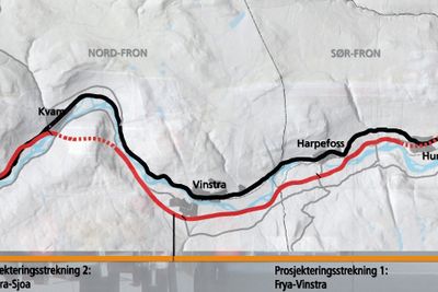 Kartet viser de to første prosjekteringsstrekningene på ny E 6 mellom Ringebu og Otta. Multiconsult får sannsynligvis den første av de to.