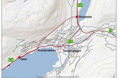 Vangstunnelen er markert med stiplet linje. NCC som støper en betongkulvert i vestre enden av tunnelen, ligger godt an til å få kontrakten på fjelltunnelen også. Ill.: Statens vegvesen