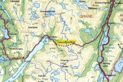 Den 5 857 meter lange Tosentunnelen krysser kommunegrensen mellom Brønnøy og Grane. Den har vært i bruk i 24 år og trenger nå sikring.