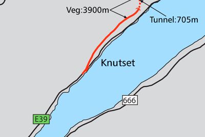 Dette kartet er basert på den opprinnelige planen for delprosjektet. Hvis Stortinget vedtar forlengelse, vil den røde linjen som markerer ny E 39, bli forlenget sørover.