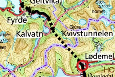 Den røde ringen nedenfor Kvivstunnelen markerer stedet der brua over Storelva skal bygges. ECO Bygg ligger godt an til å få den jobben.