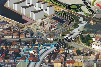 PLANEN: Prosjektledelsen håper noen skal finne en løsning som gjør at husene på Møllenberg (markert i blått) ikke må flyttes.