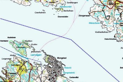 Trekantsambandet er markert med stiplet linje. Når Brandangersundet bru blir ferdig, innstilles anløpene på Skipavik øverst til høyre.