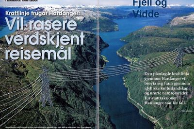 Skremselspropaganda fra DNT. Turistforeningen laget denne brosjyren for å vise hvordan høyspentledninger over Hardangerfjorden vil ødelegge naturopplevelsen. NVE likte ikke propagandaframstøtet.