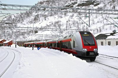 Stadler Flirt er bygget for å takle krevende jernbanestrekninger og tøffe vintre, som her på Myrdal stasjon (866,8 moh) i Aurland.