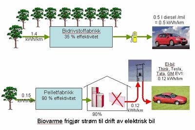 Universitetet for miljø- og biovitenskap (UMB) har beregnet CO2-utslipp ved ulike scenarier. Det er langt mer energieffektivt å lage strøm av for eksempel pellets enn å lage biodrivstoff.