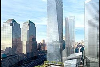 Freedom Tower og minneparken for World Trade Center vil bli seende ut. Foran til høyre for Freedom Tower har arkitektene plassert to moduler, som gir inntrykk av bygningene som norske Snøhetta skal utforme.