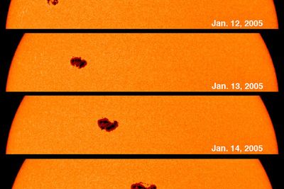 Utvikling av en solflekk i perioden 11. januar til 16. januar. Foto: SOHO-MIDI/NASA/ESA