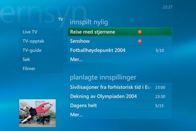 DIN NYE TV:Slik blir grensesnittet på din nye TV-hverdag om du velger en stue-PC med den nye norske utgaven av Windows XP Media Center Edition 2005.