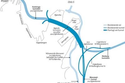 Kart illustrasjon over veisystemet i og rundt Bjørvika - planlagt og ønsket.